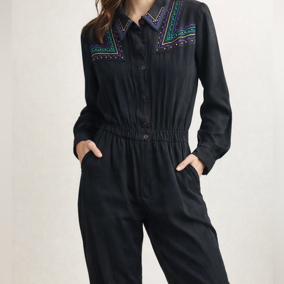 Saint Germain Paris Pants - RARE Vintage Saint Germain Paris Black Embroidered Western Jumpsuit – Size 10